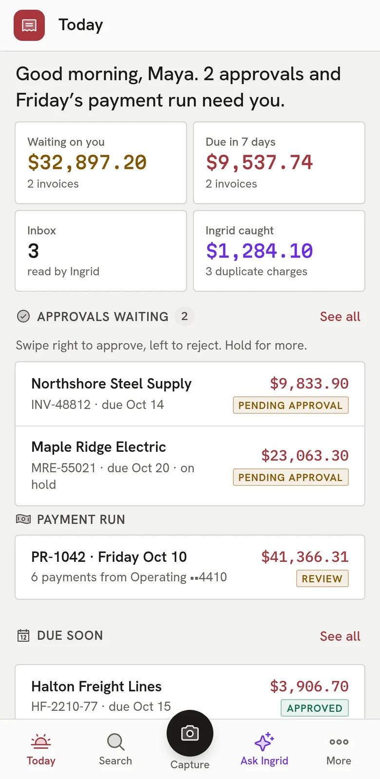Ingrid Payables on a phone: invoices waiting for approval.