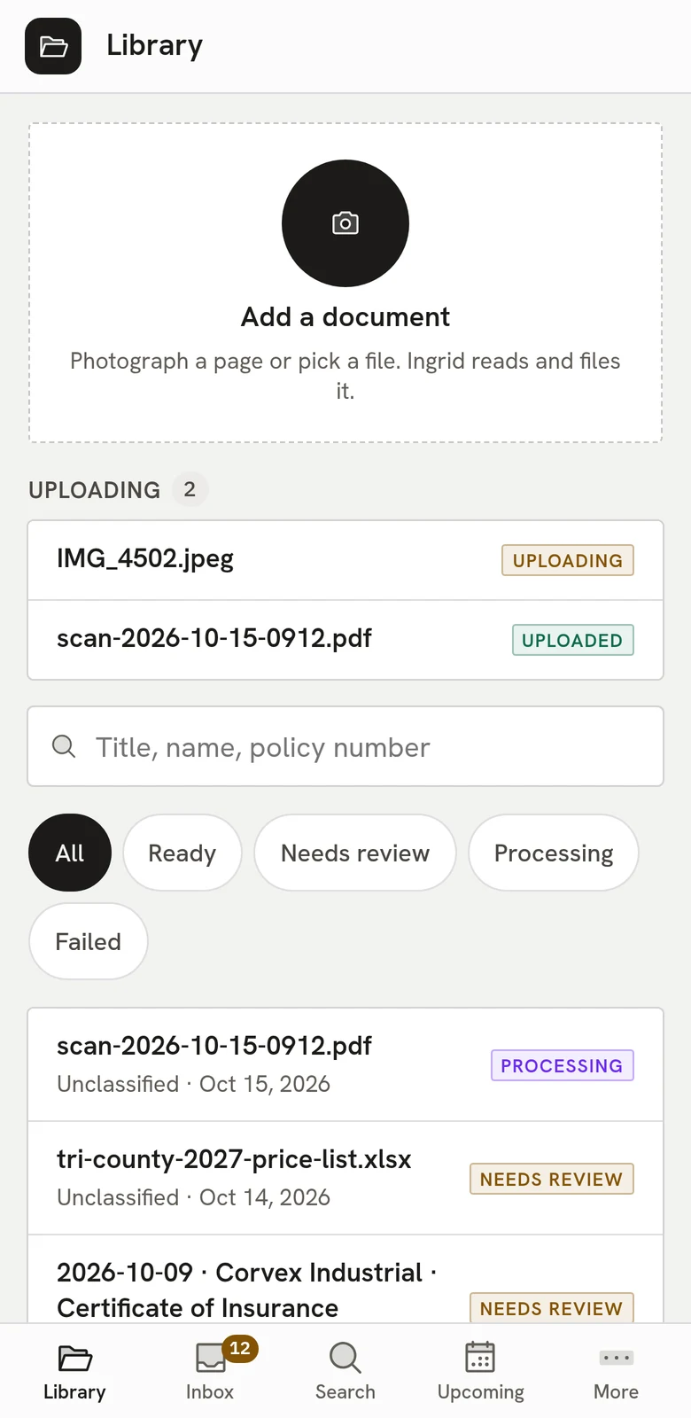 Ingrid Vault on a phone: the Library with an Add a document button, files uploading, and a list of documents marked processing or needing review.