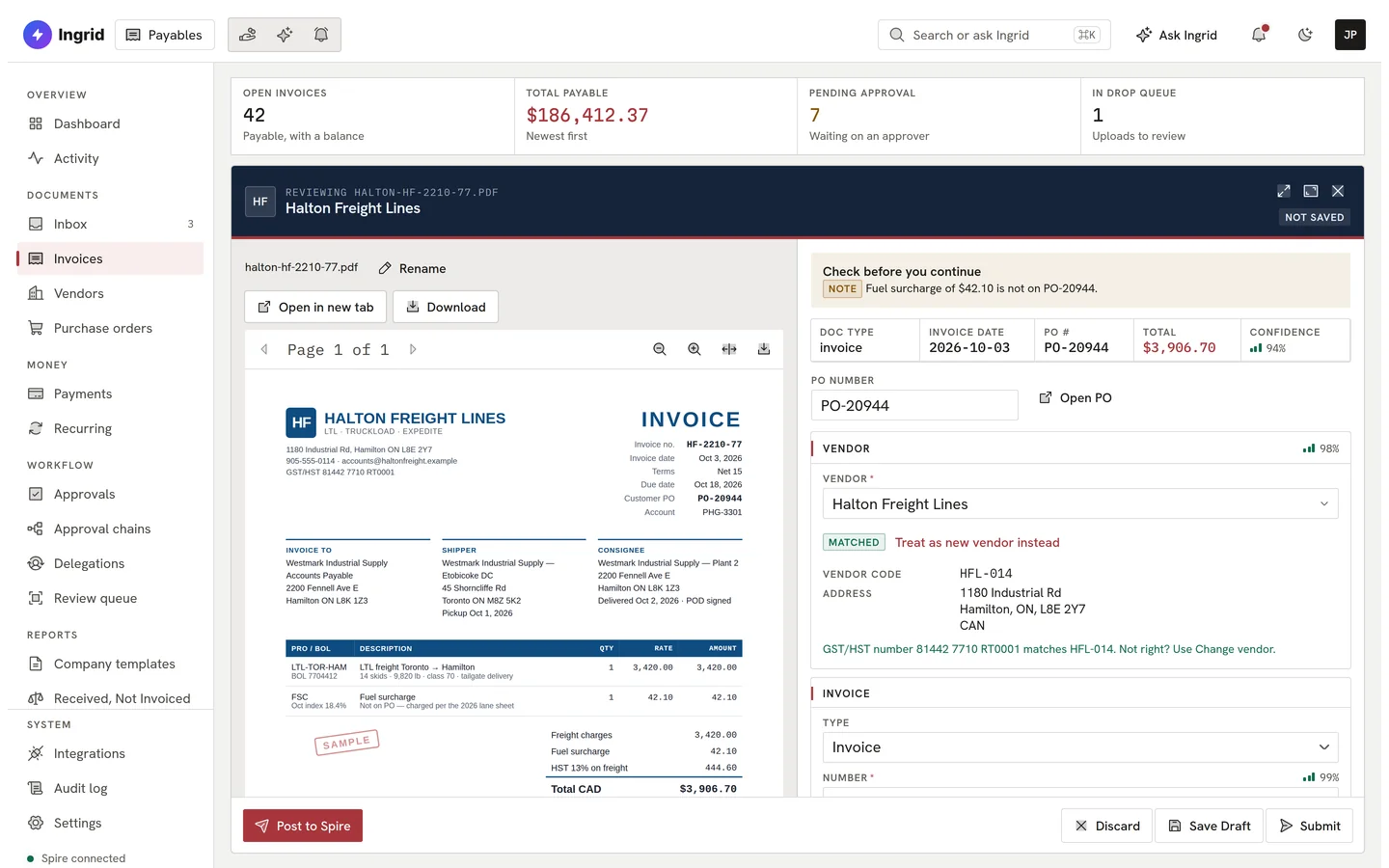 Ingrid Payables: an invoice with its fields read and scored for confidence beside the original document.