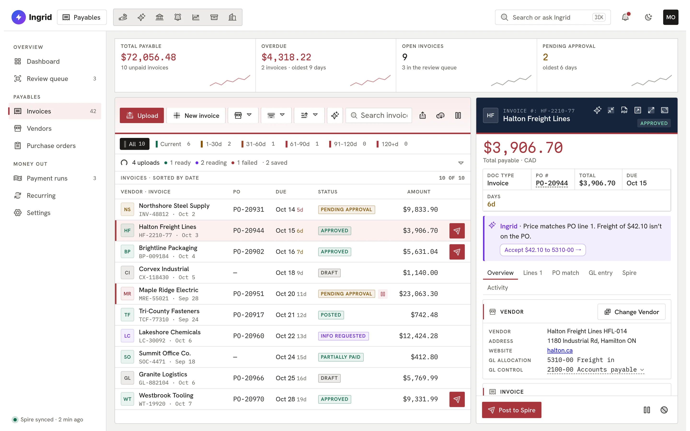 Ingrid Payables: the invoice list with aging chips beside an invoice record and an Ingrid note.