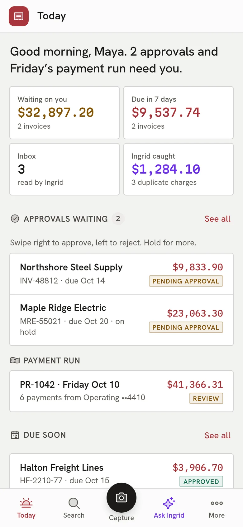 Ingrid Payables on a phone: a Today screen with approvals waiting, the next payment run and invoices due soon.