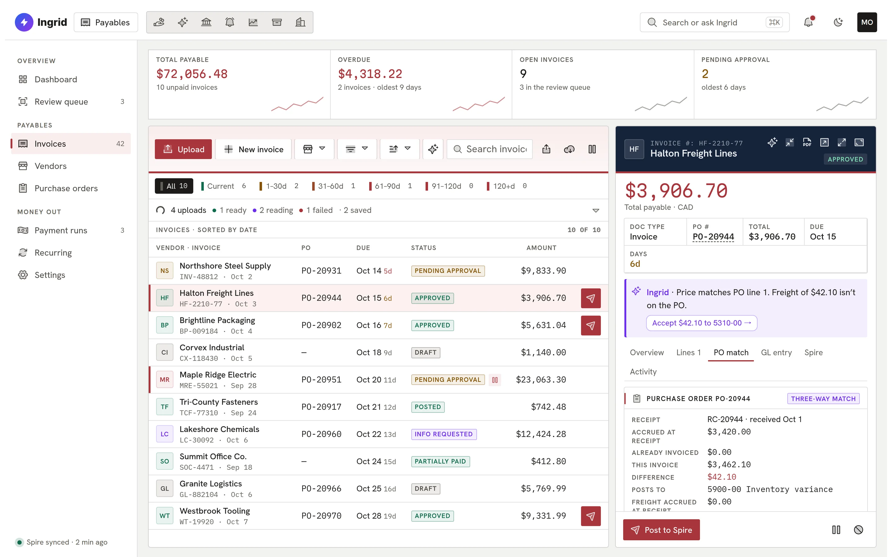 Ingrid Payables with an invoice open on its PO match tab, showing a three-way match against the receipt.