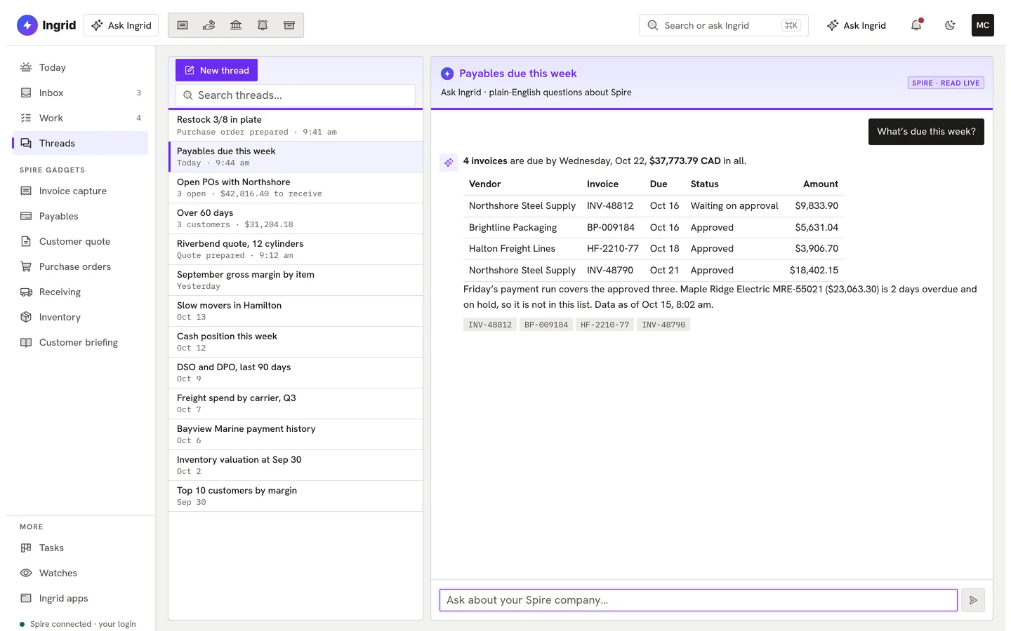 Ask Ingrid answering “What’s due this week?” with a table of four invoices and links to the records behind it.