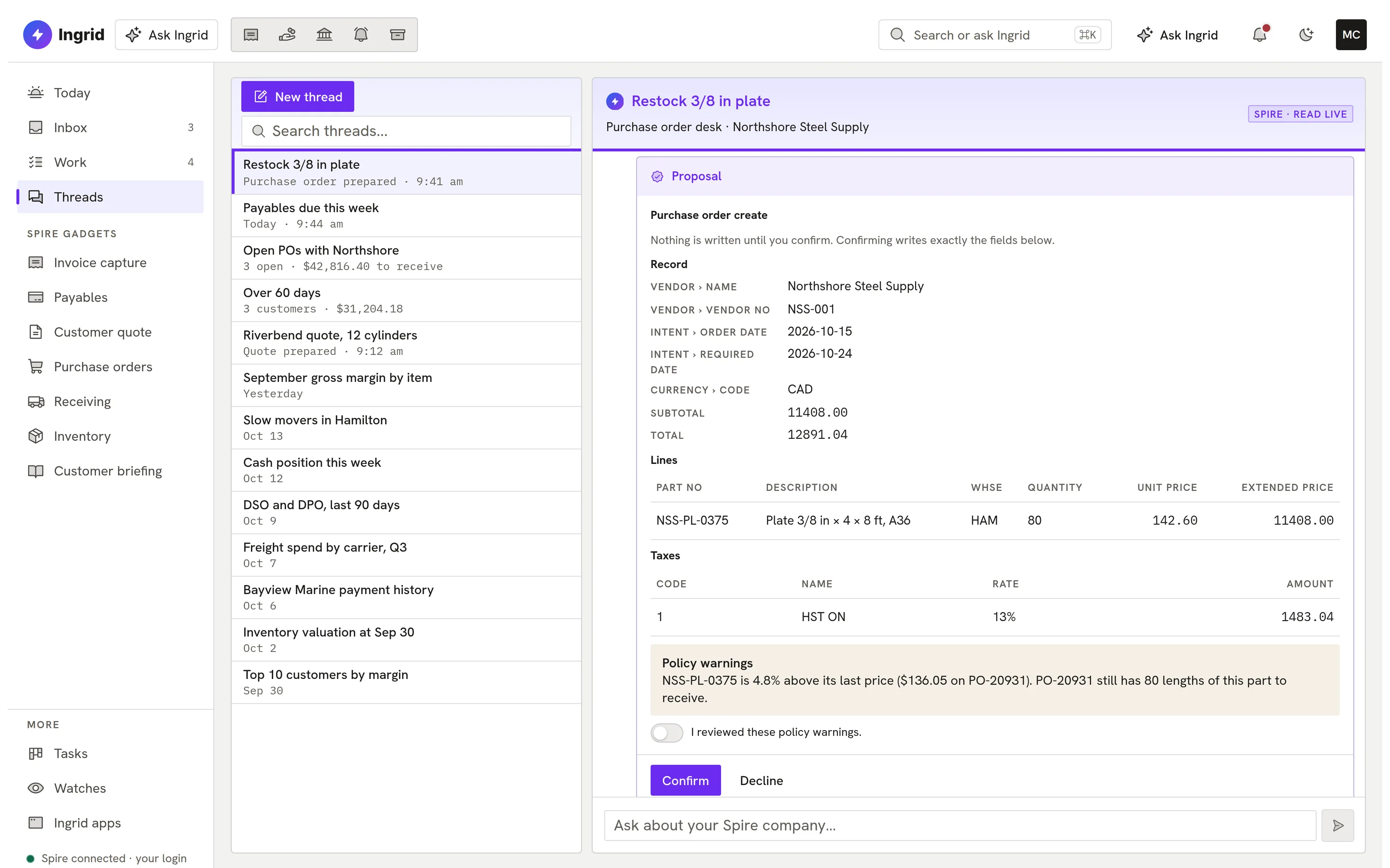 Ask Ingrid proposal showing the exact fields it would write, waiting for Confirm.