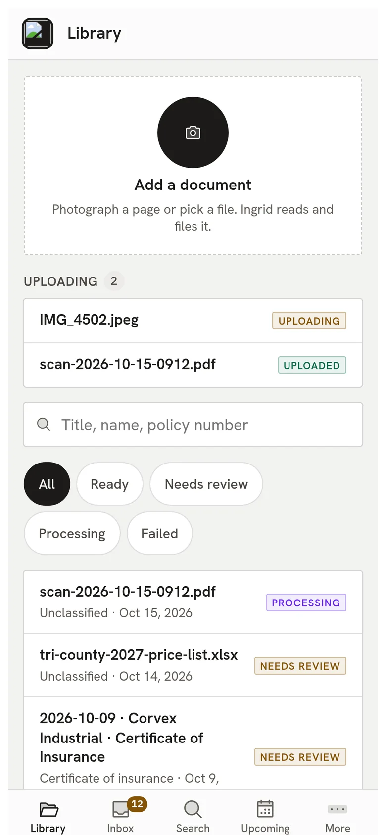 Ingrid Vault on a phone: the library with recent documents.